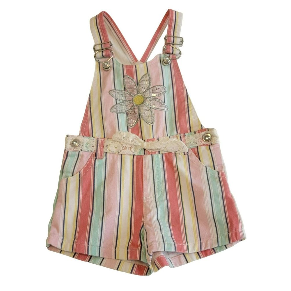 Girl's 2T Pastel Stripes w/Flower & Lace Embellishment Cotton Overall Shorts EUC